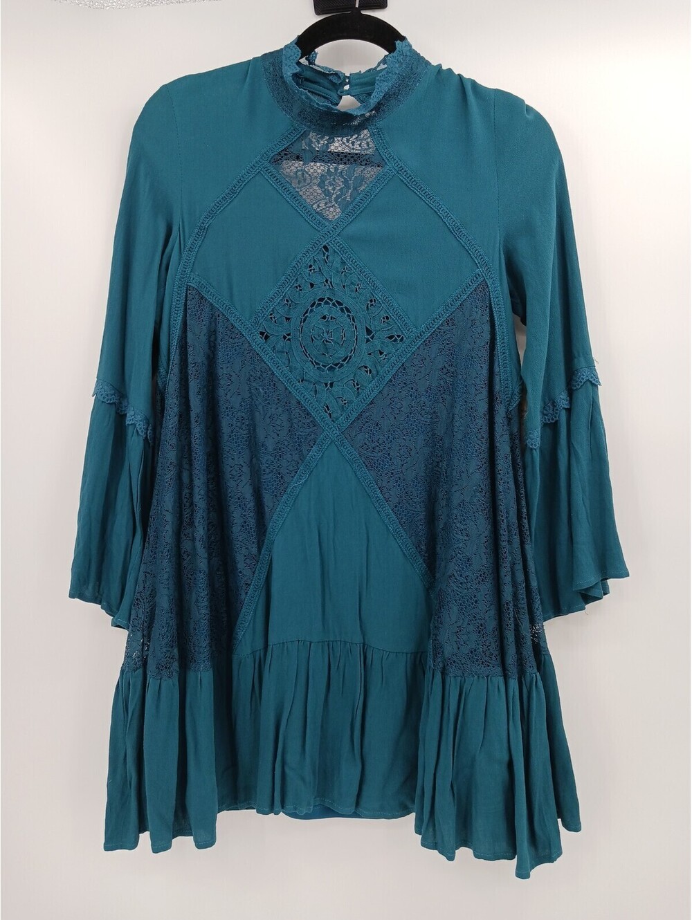 Altar'd State Women's Dress Small Teal Long Sleeve Ruffled High Neck Lace NWT
